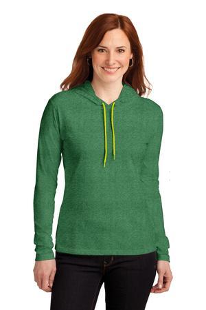 Gildan Ladies 100% Combed Ring Spun Cotton Long Sleeve Hooded T-Shirt.