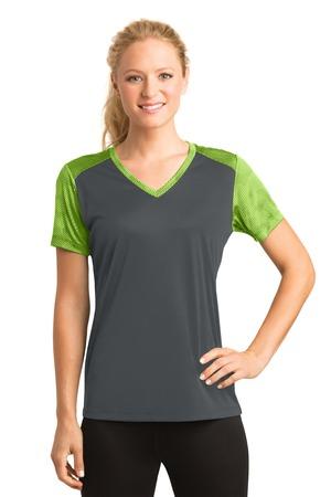 Sport-Tek Ladies CamoHex Colorblock V-Neck Tee
